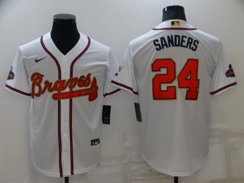 Men's White/Gold Atlanta Braves #24 Deion Sanders 2022 World Series Champions Program Cool Base Stitched Baseball Jersey